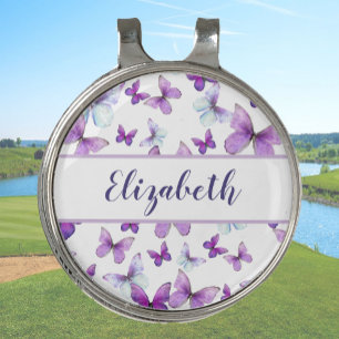 Pretty purple butterfly with custom name ladies golf hat clip