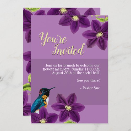 Pretty Purple Clematis Floral Summer Hummingbird Invitation
