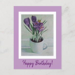 Pretty purple crocus flowers in a cup birthday art postcard