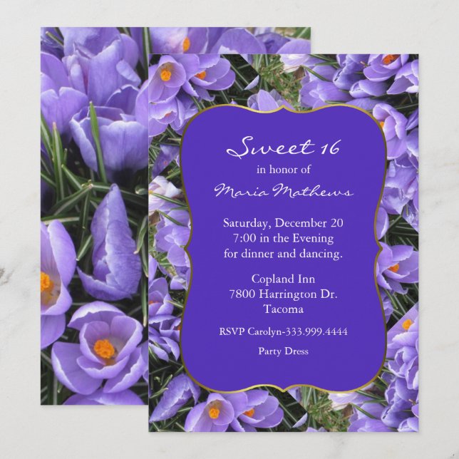 Pretty Purple Crocus Sweet 16 Birthday Invitation (Front/Back)