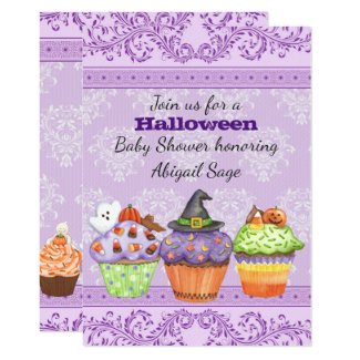 Pretty Purple Cupcake Halloween Baby Shower Invite