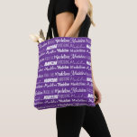 Pretty Purple Customizable Name Collage Tote Bag<br><div class="desc">This pretty personalized purple tote bag is customized with your name in 9 different beautiful fonts. A cute personalized present in violet.</div>