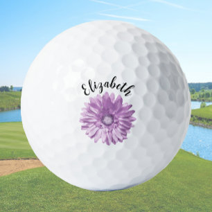 Pretty purple daisy flower custom name ladies golf balls