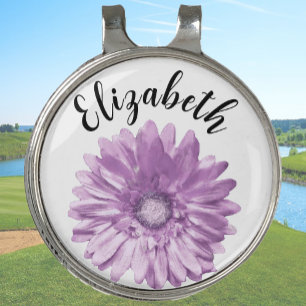 Pretty purple daisy flower custom name ladies golf hat clip