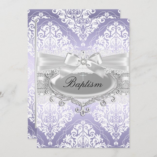 Pretty Purple Damask Bow Baptism Invitation (Front/Back)