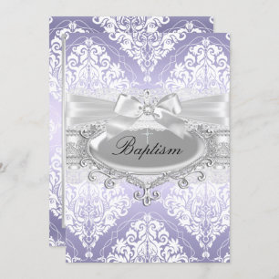 Pretty Purple Damask Bow Baptism Invitation
