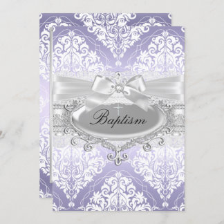 Pretty Purple Damask Bow Baptism Invitation