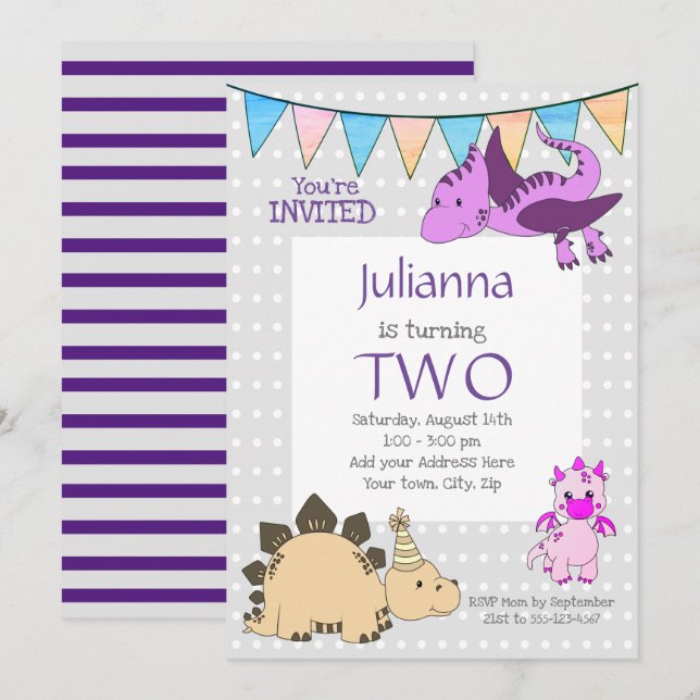 Pretty Purple Dinosaur Birthday Party Invitation (Front/Back)