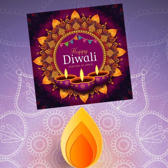 Pretty Purple Diya Colorful Mandala Happy Diwali  Holiday Card (Creator Uploaded)