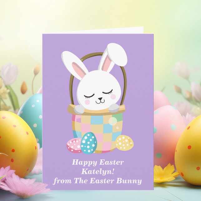 Pretty Purple Easter Bunny Customizable Kids Card (Creator Uploaded)