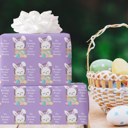 Pretty Purple Easter Bunny Customizable Kids Wrapping Paper