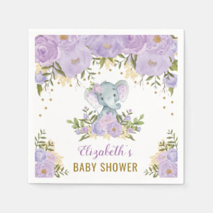 Pretty Purple Elephant Baby Girl Watercolor Floral Napkins