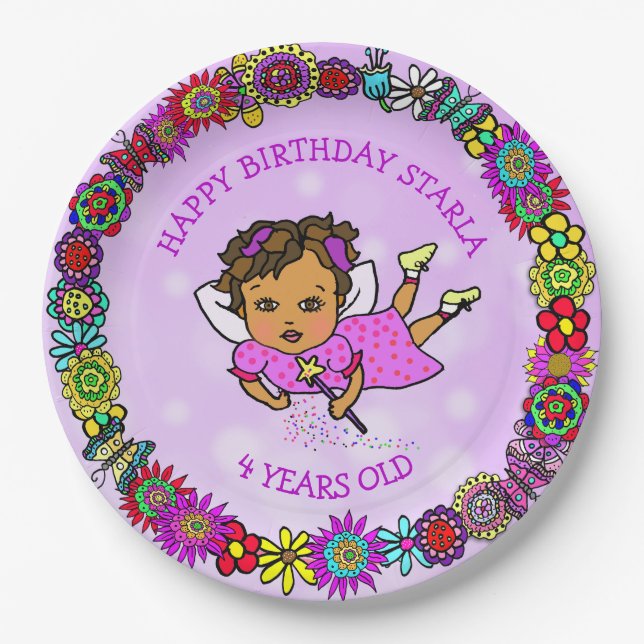 Pretty Purple Fairy and Flower Border Birthday Paper Plates (Front)