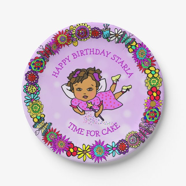 Pretty Purple Fairy and Flower Border Birthday Paper Plates (Front)
