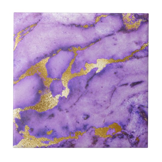 Pretty Purple Faux Gold Metallic Marble Print Tile