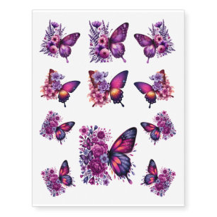 Pretty  Purple Feminine Floral Butterflies  Temporary Tattoos