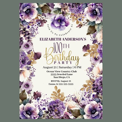 Pretty Purple Floral 100th Birthday Invitation