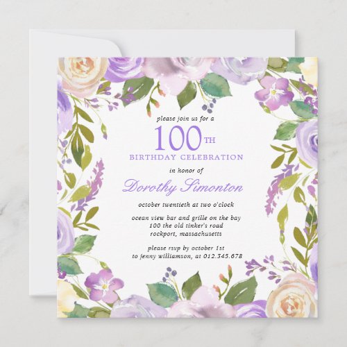 Pretty Purple Floral 100th Birthday Invitation