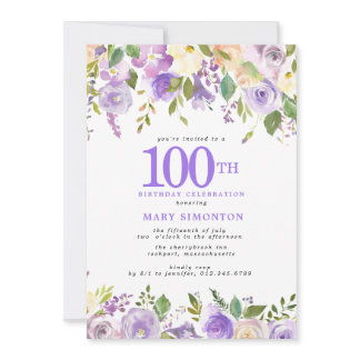 Pretty Purple Floral 100th Birthday Party Invitation