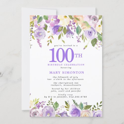 Pretty Purple Floral 100th Birthday Party Invitation