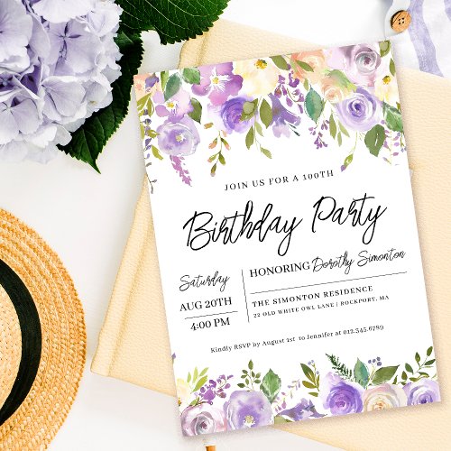 Pretty Purple Floral 100th Birthday Party Invitation