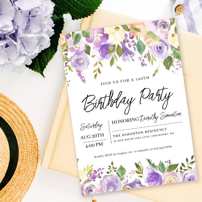Pretty Purple Floral 100th Birthday Party Invitation (Matching party supplies and welcome signs available. Message me for help finding them!)
