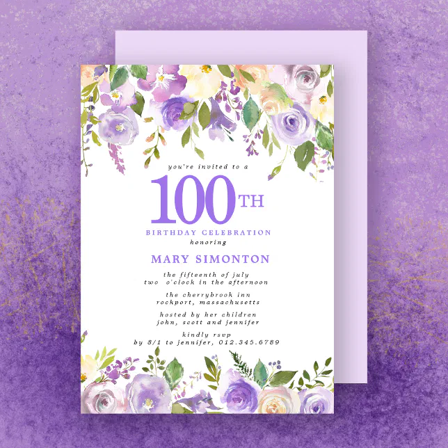 Pretty Purple Floral 100th Birthday Party Invitation | Zazzle