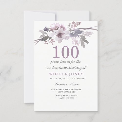 Pretty Purple Floral 100th Birthday Party Invite