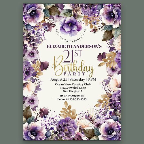 Pretty Purple Floral 21st Birthday Invitation