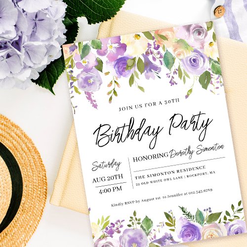 Pretty Purple Floral 30th Birthday Party Invitation