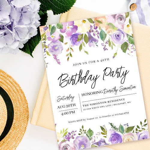 Pretty Purple Floral 40th Birthday Party Invitation