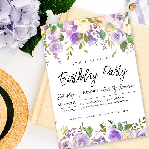 Pretty Purple Floral 50th Birthday Party Invitation