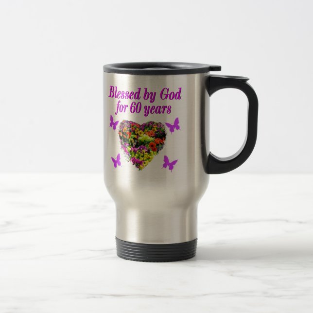 PRETTY PURPLE FLORAL 60TH BIRTHDAY DESIGN TRAVEL MUG (Right)