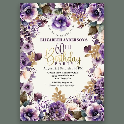 Pretty Purple Floral 60th Birthday Invitation