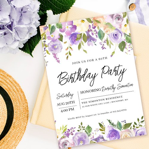 Pretty Purple Floral 60th Birthday Party Invitation