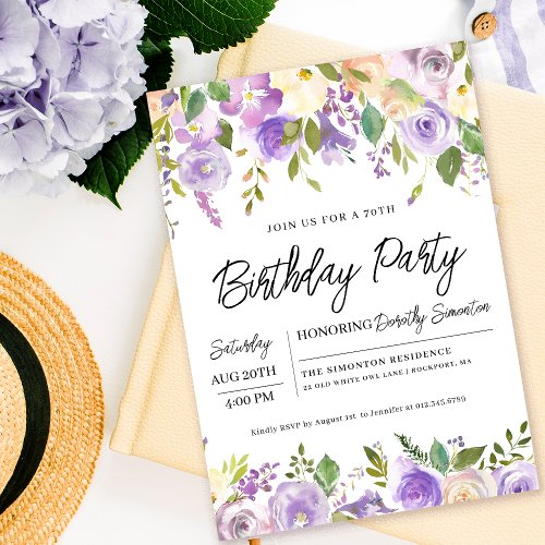 Pretty Purple Floral 70th Birthday Party Invitation