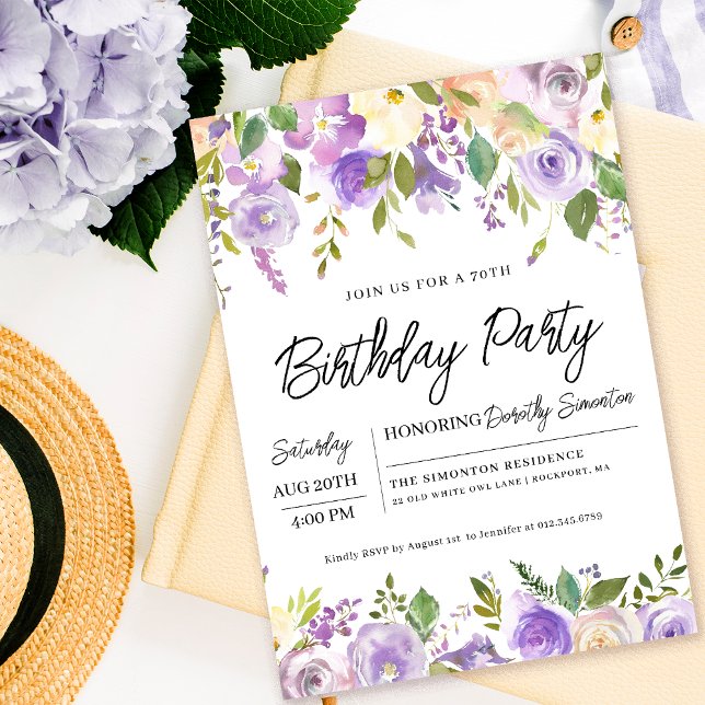 Pretty Purple Floral 70th Birthday Party Invitation (Matching party supplies, decor and signs available. Message me for help finding them. )