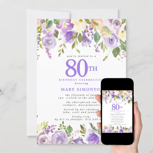 Pretty Purple Floral 80th Birthday Party Invitation Zazzle