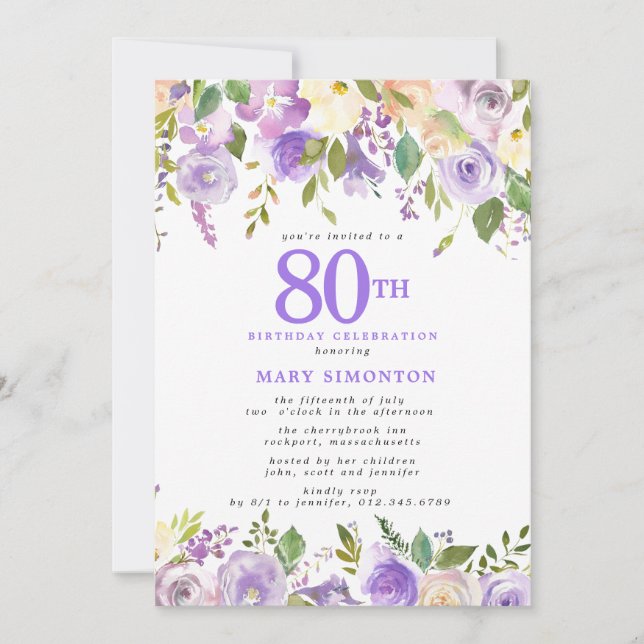 Pretty Purple Floral 80th Birthday Party Invitation (Front)