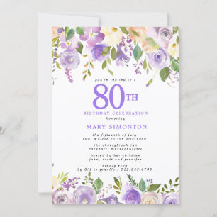 Pretty Purple Floral 80th Birthday Party Invitation