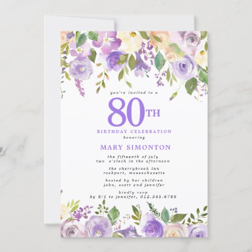 Pretty Purple Floral 80th Birthday Party Invitation