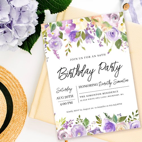 Pretty Purple Floral 80th Birthday Party Invitation