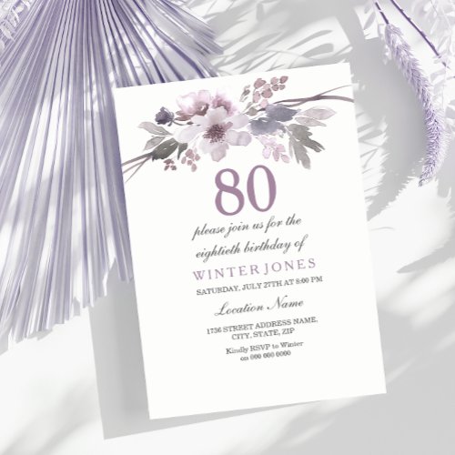 Pretty Purple Floral 80th Birthday Party Invite