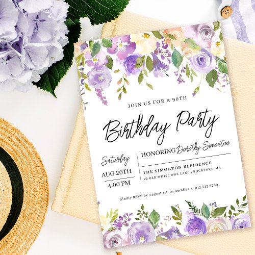 Pretty Purple Floral 90th Birthday Party Invitation