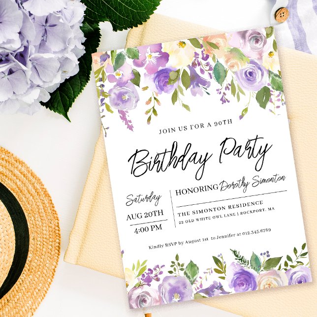 Pretty Purple Floral 90th Birthday Party Invitation (Matching birthday party decor and supplies available. Message me for help finding them.)