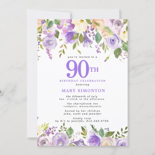 Pretty Purple Floral 90th Birthday Party Invitation | Zazzle