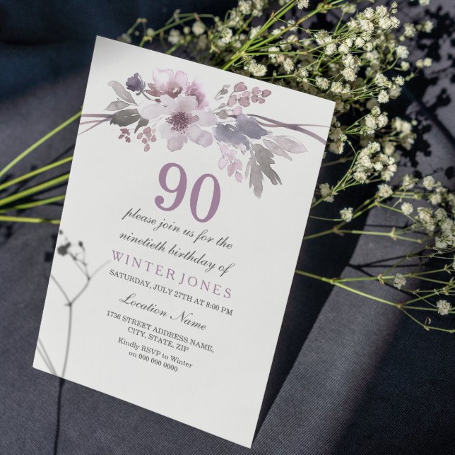 Pretty Purple Floral 90th Birthday Party Invite