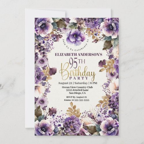 Pretty Purple Floral 95th Birthday Invitation