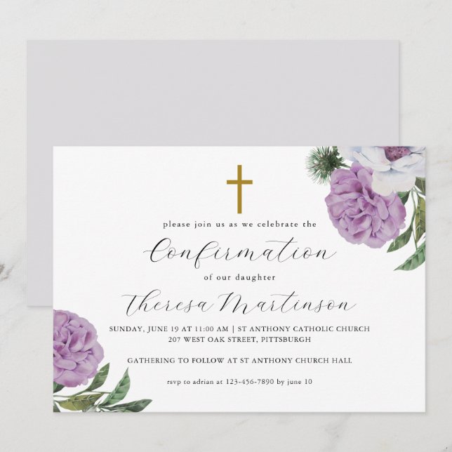 Pretty Purple Floral and Cross Confirmation Invitation (Front/Back)