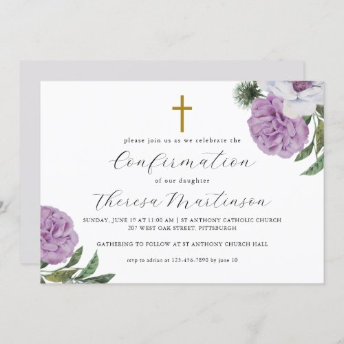 Pretty Purple Floral and Cross Confirmation Invitation